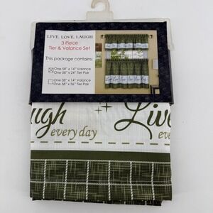 Achim Live Love Laugh 3 Piece Kitchen Curtain Tier & Valance Set Green Plaid 24"